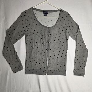 Ann Taylor Light Gray Cardigan with Black Heart Pattern, Size XS